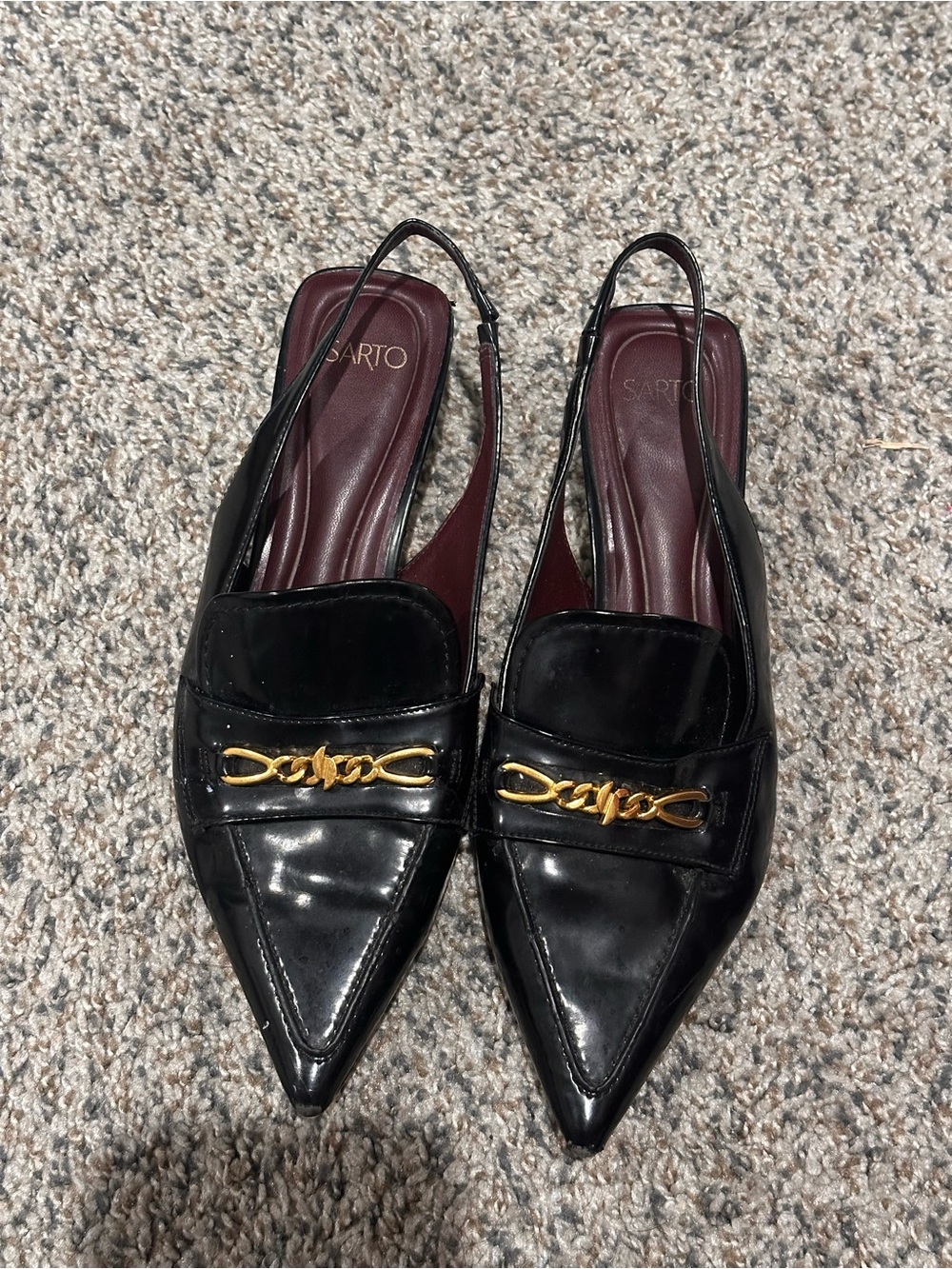 Franco Sarto Black Patent Pointed Slingback Loafers with Gold Accent